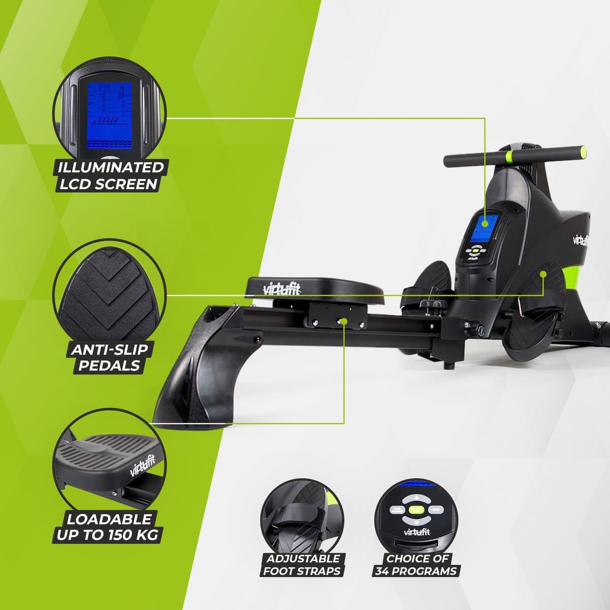 VirtuFit Semi-Pro Roeimachine - Ergometer - Magnetische Weerstand - 34 Programma's - Hartslagfunctie - Stil & Opklapbaar - Kinomap & FitShow - Roeitrainer - Roeiapparaat thumbnail 7
