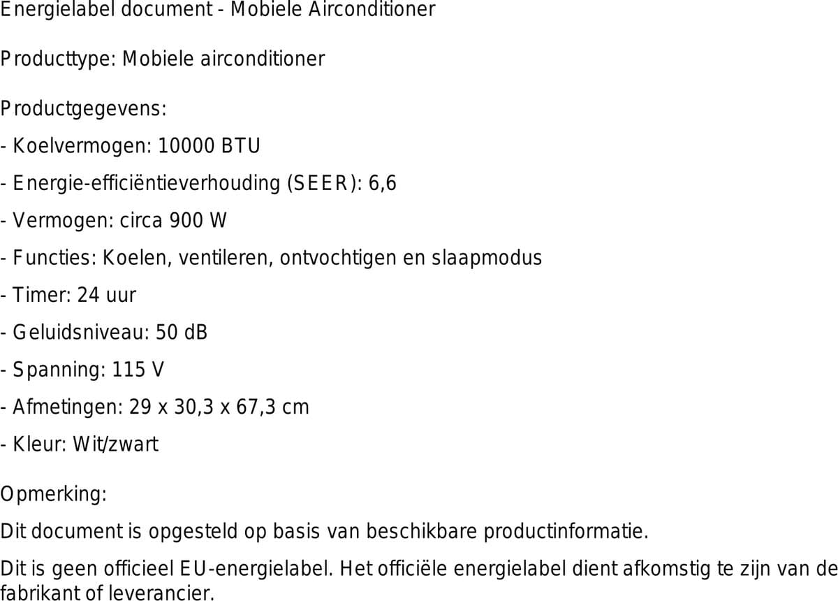Mobiele airco 10000 BTU draagbaar met afstandsbediening, ontvochtiger en 24-uurs timer thumbnail 2
