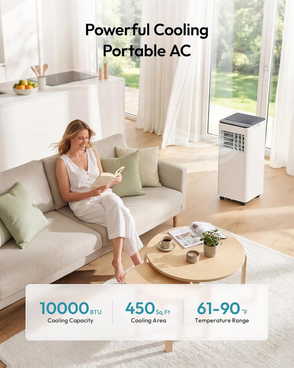 Mobiele airco 10000 BTU draagbaar met afstandsbediening, ontvochtiger en 24-uurs timer thumbnail 3