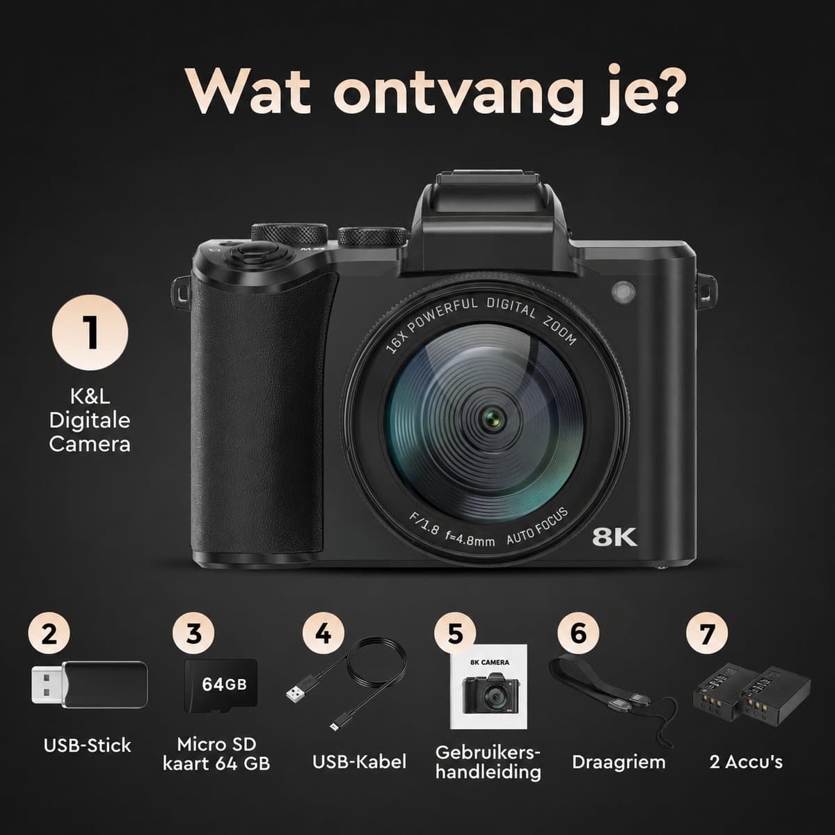 K&L Digitale Fotocamera 8K met WiFi - 88MP - 16 x Zoom - 64GB - 60FPS - HDR - Compact Camera - Vlog Camera thumbnail 2
