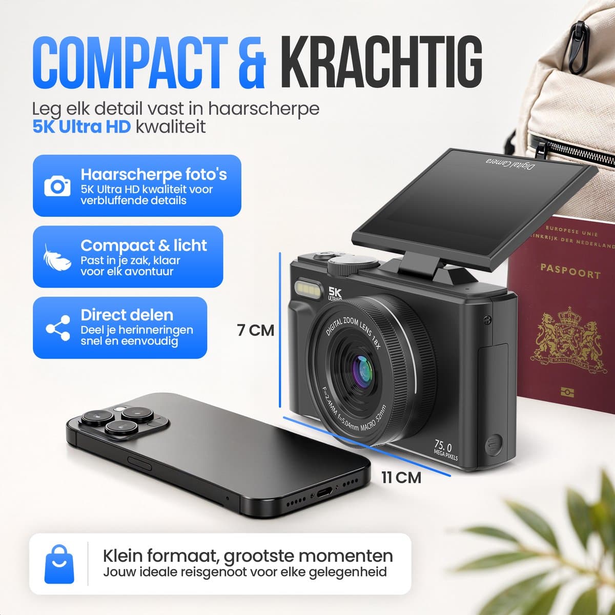 Strex Digitale Camera 5K 75MP - Fototoestel - Compactcamera met Wifi - Vlog Camera - Fotocamera voor Kinderen - 18x Zoom - Draaibaar Scherm - Zwart thumbnail 7