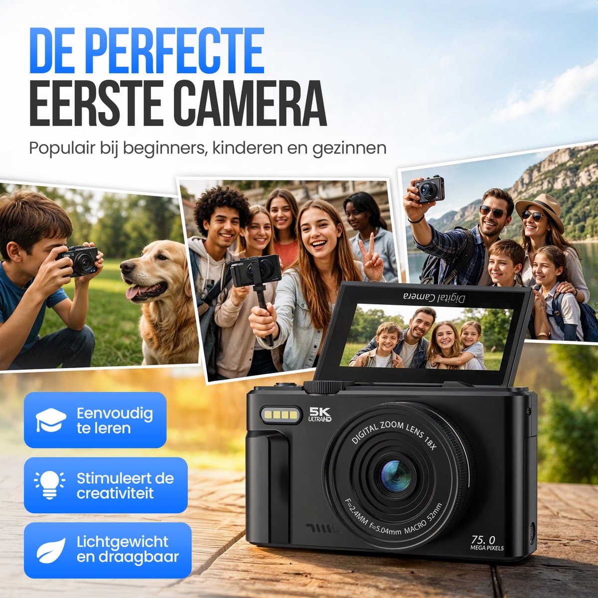 Strex Digitale Camera 5K 75MP - Fototoestel - Compactcamera met Wifi - Vlog Camera - Fotocamera voor Kinderen - 18x Zoom - Draaibaar Scherm - Zwart thumbnail 3