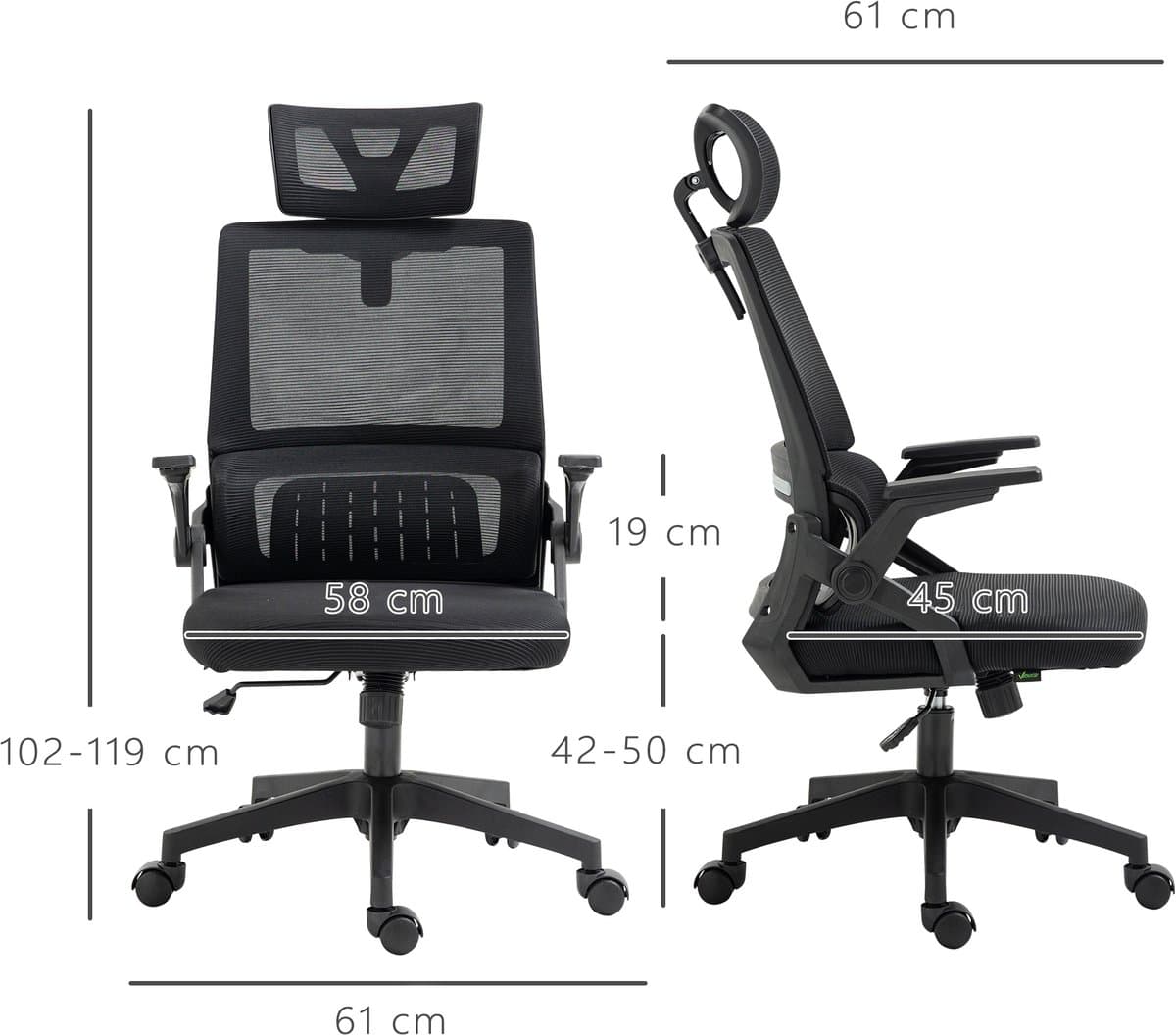 Vinsetto Bureaustoel Ergonomisch, Bureaustoel met Verstelbare Hoofdsteun, Armleuning Hoogte Verstelbare Computerstoel Draaistoel met Schommelfunctie, Lendensteun, Mesh, Zwart thumbnail 3