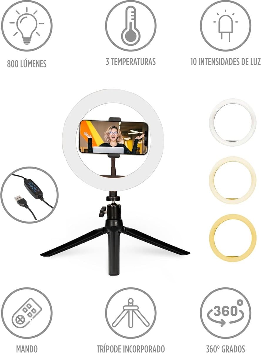 Thijox - Dimbare Led Lichtring voor Bureau, 3 Lichttemperaturen en 10 Helderheidsniveaus, Ringlicht voor Smartphone, TIK Tok, Fotografie, Selfie, Vers thumbnail 5