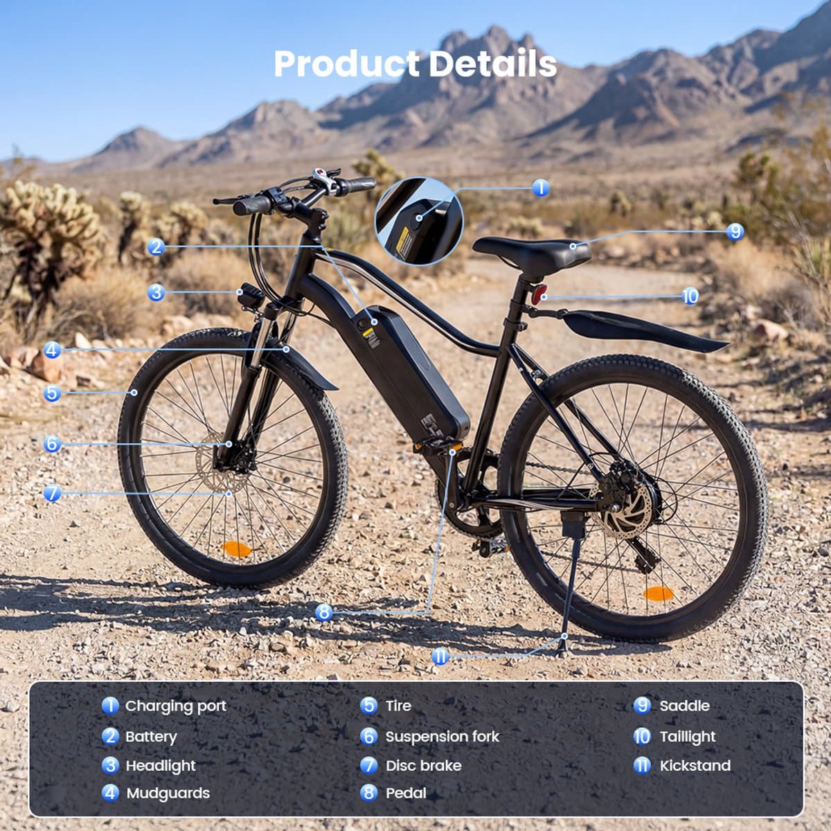 iScooter EB3S E-bike - 26 inch - 70km actieradius - 350W motor - 36V15Ah accu - Topsnelheid 25 km/u - Snelheidsstanden 5 standen - Maxdraagvermogen 150 kg - zwart thumbnail 2