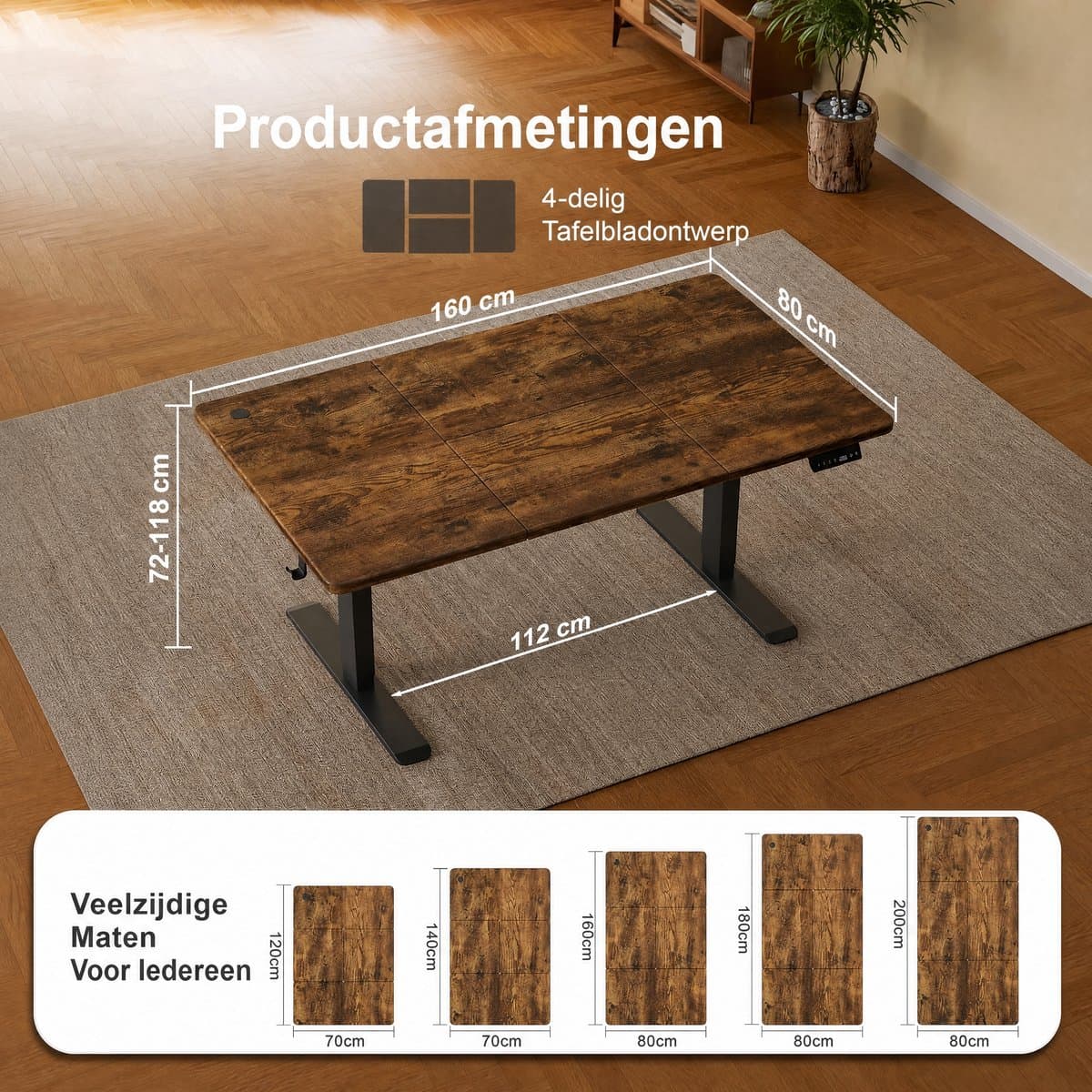 Elektrisch Zit-Sta Bureau 160x80 cm – 18 mm Dik Tafelblad – 3 Geheugenstanden – USB en Zit-alarm – Kabelmanagement – Zwart frame met donker houtlook blad thumbnail 6