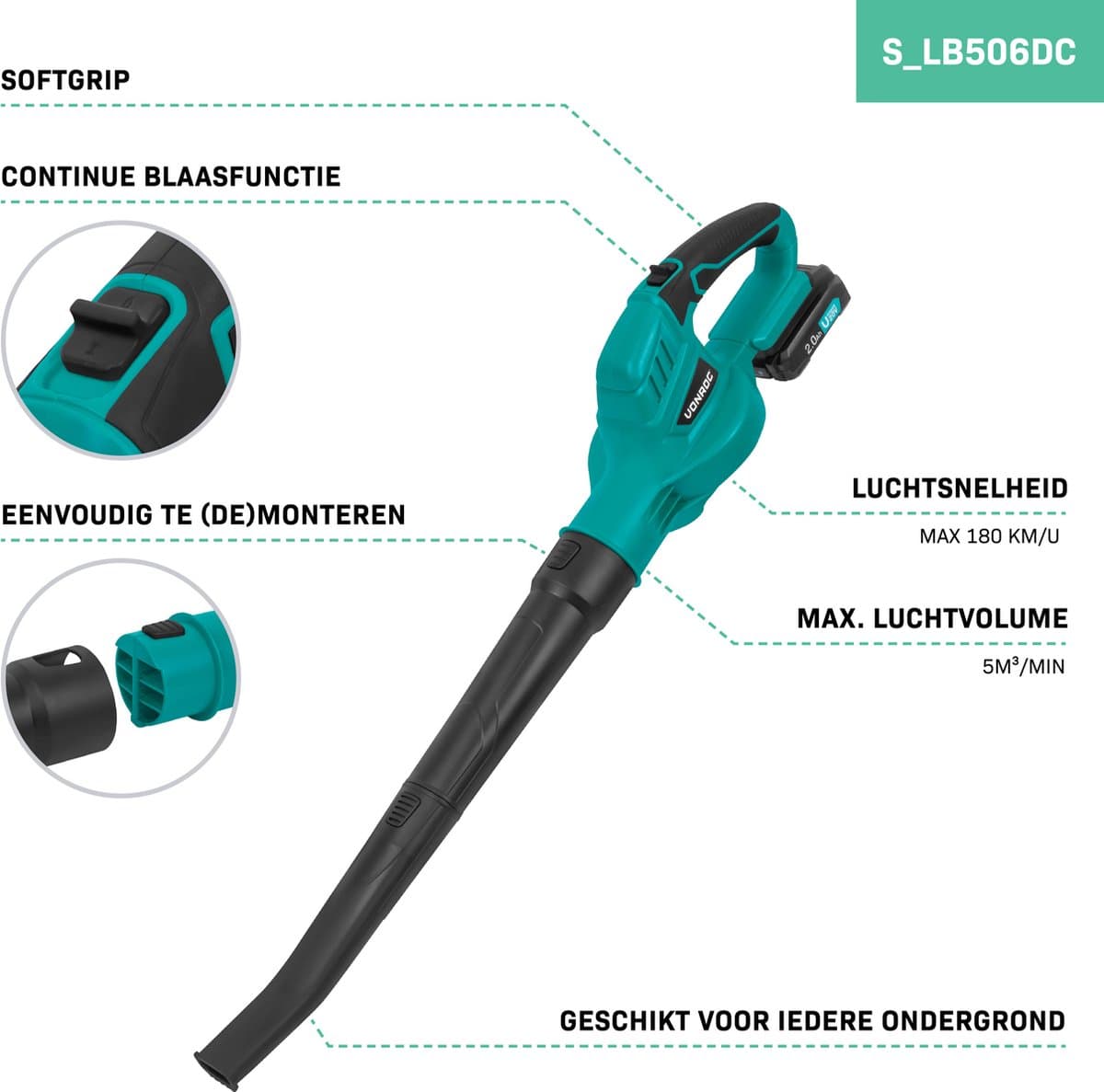 VONROC Accu Bladblazer 20V – Luchtsnelheid 180 km/u – Luchtvolume 5m3/min - Incl. 2.0Ah accu en snellader thumbnail 2