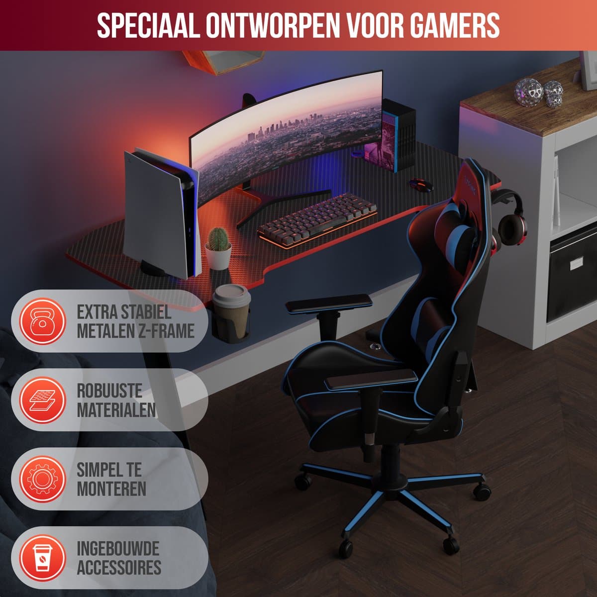 Avalo Gaming Bureau - 120x60x75 cm - Game Desk - Tafel - Game Bureau - Zwart thumbnail 2