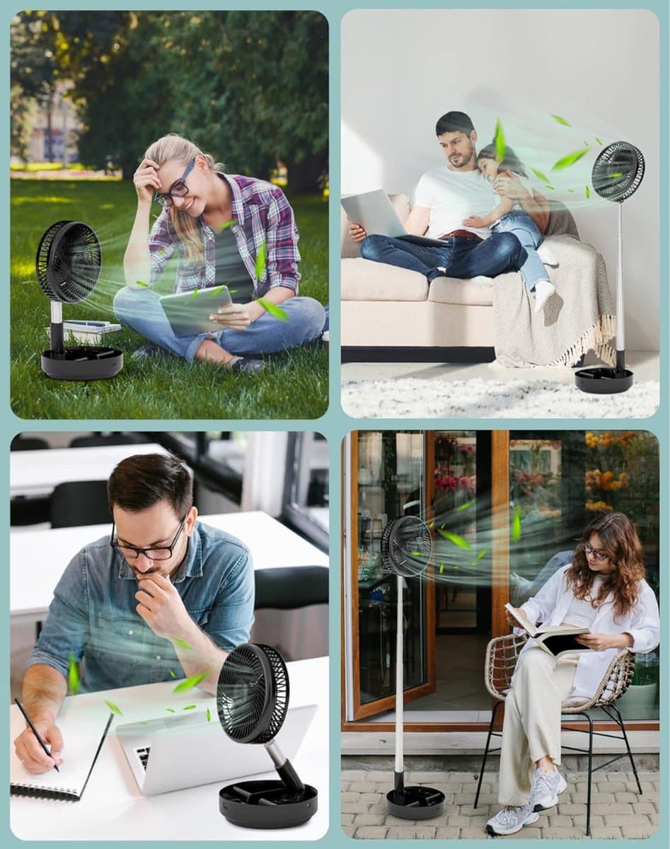 Tafel- en Staande Ventilator - Draagbare Oscillerende Ventilator - Opvouwbaar Design - Afstandsbediening - 4 Snelheden - Oplaadbare Accu - USB Ventilator - Zwart thumbnail 5