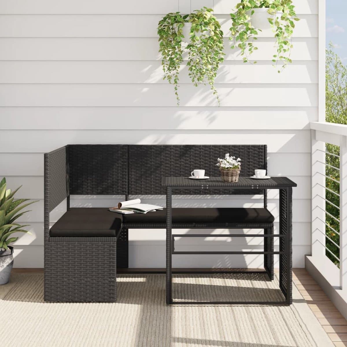 vidaXL - Tuinbank - met - tafel - en - kussens - L-vormig - poly - rattan - zwart thumbnail 5