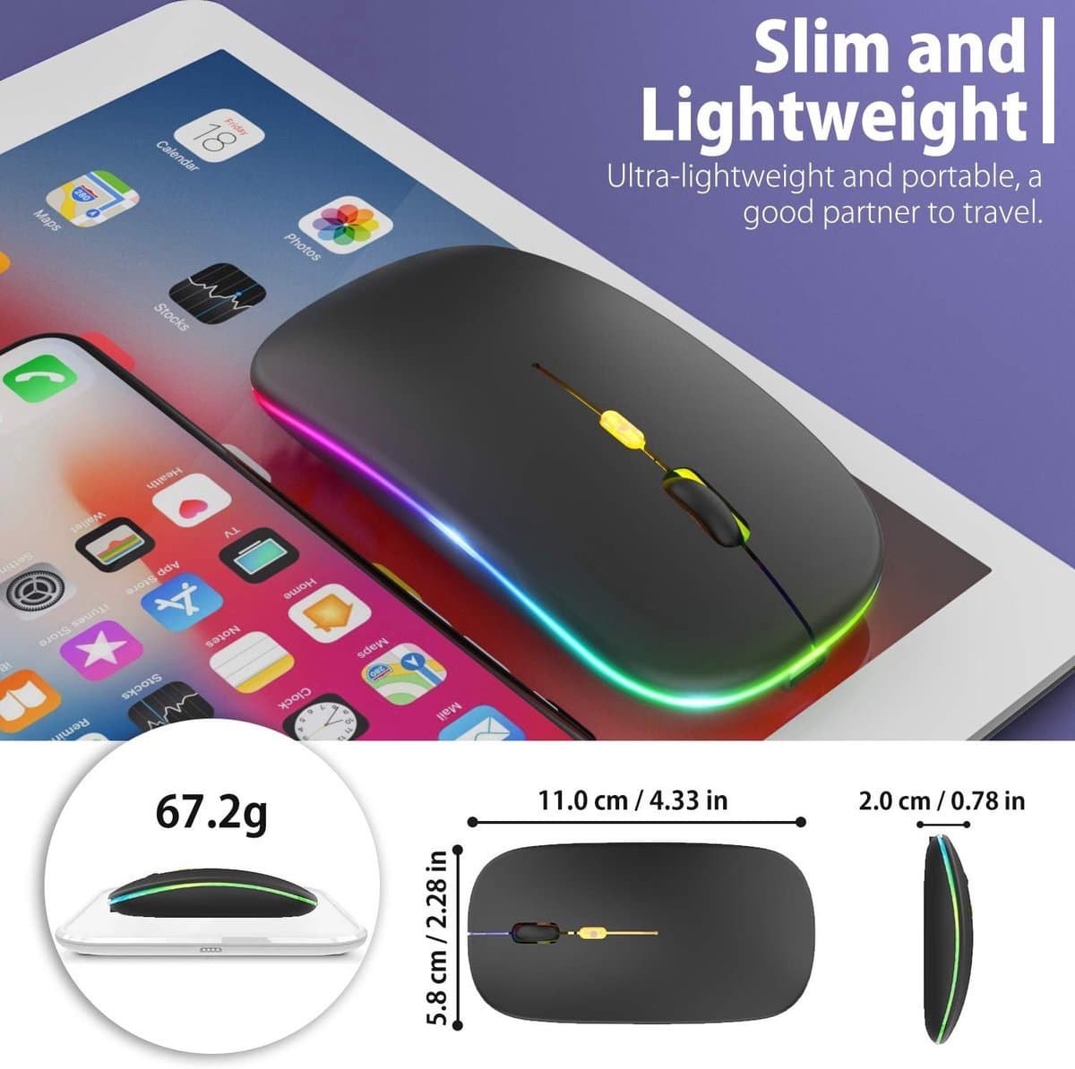 TOJ Draadloze LED Bluetooth Muis - USB 2.4GHZ Ontvanger - Ergonomisch - Gaming - 1600DPI - Zwart thumbnail 2