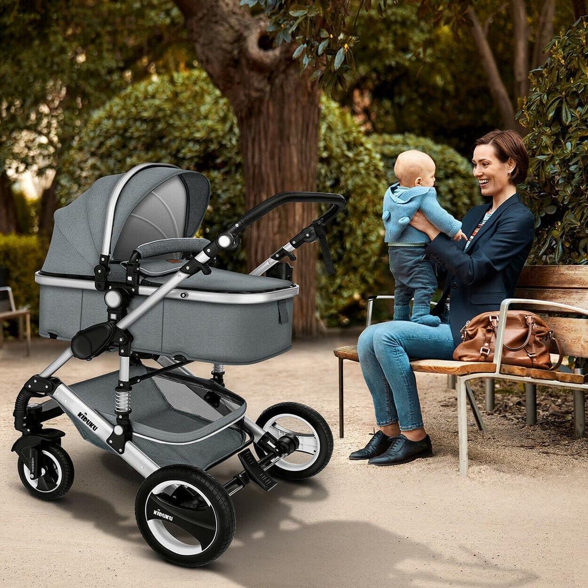KIDUKU- 3 in 1 combi-kinderwagen- grijs/zilver- buggy incl. autostoeltje-regenhoes- inklapbaar thumbnail 5