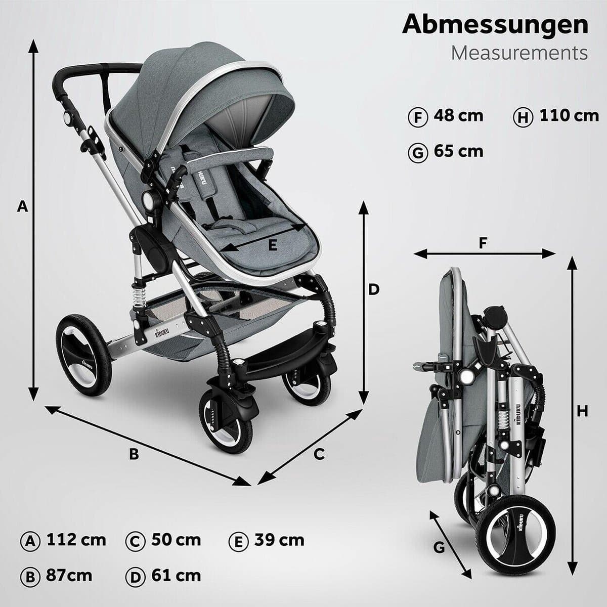 KIDUKU- 3 in 1 combi-kinderwagen- grijs/zilver- buggy incl. autostoeltje-regenhoes- inklapbaar thumbnail 6