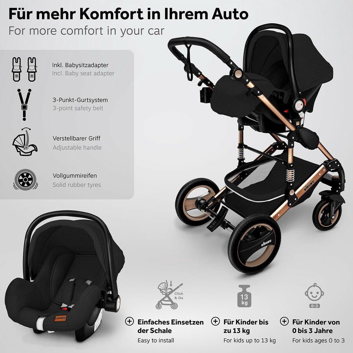 KIDUKU- 3 in 1 combi-kinderwagen- zwart/goud- buggy incl. autostoeltje-regenhoes- inklapbaar thumbnail 3