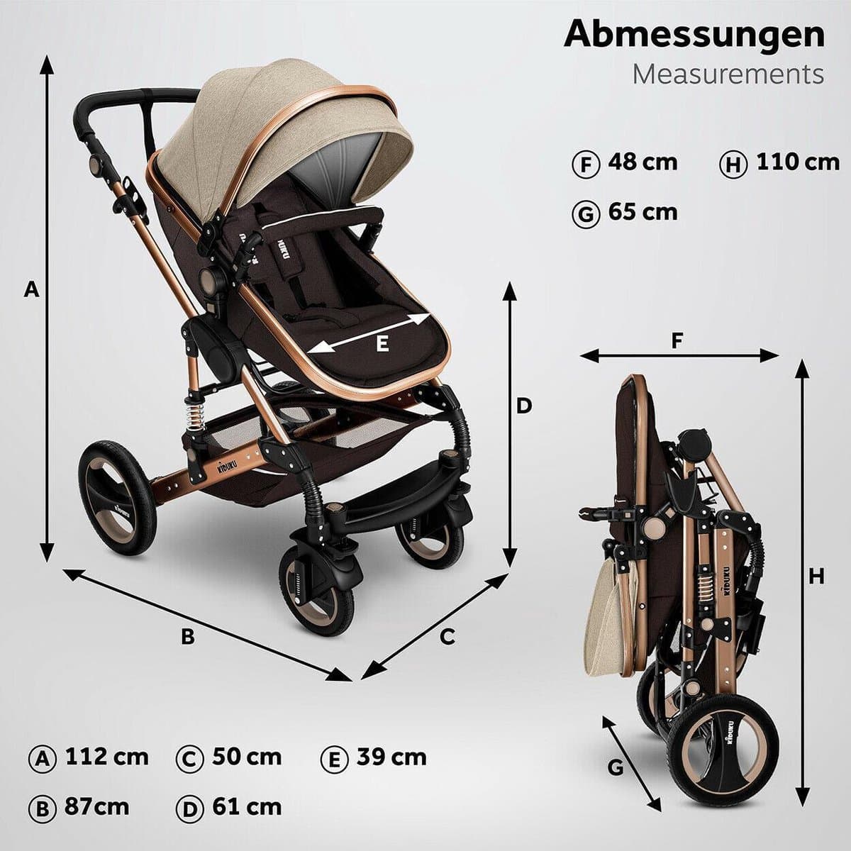 KIDUKU- 3 in 1 combi-kinderwagen- bruin/goud- buggy incl. autostoeltje-regenhoes- inklapbaar thumbnail 2