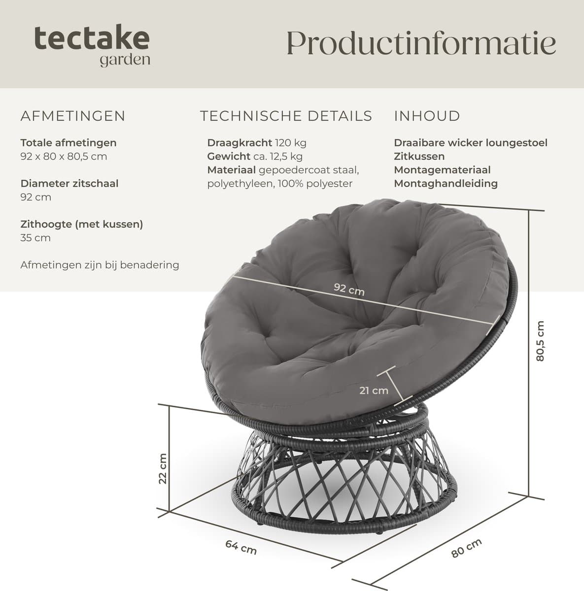 tectake® Papasan Stoel - Gezellige Draaistoel met Ronde Kussens - Comfortabele Rotan Stoel - Draaibare Loungestoel - Ronde Relax Rotan Rieten Stoel voor Woonkamer, Leeshoek, Lounge - Zwart thumbnail 4