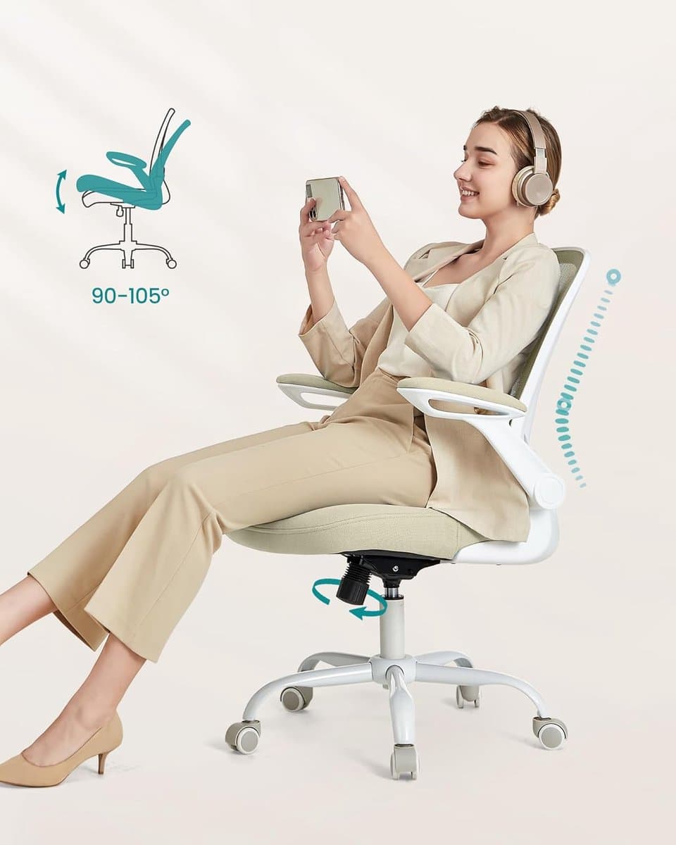 Ergonomische Bureaustoel Wit & Beige - Mesh Rugleuning - Opklapbare Armleuningen - Thuiswerkplek Stoel - Draaibaar & Verstelbaar - 120 kg thumbnail 2