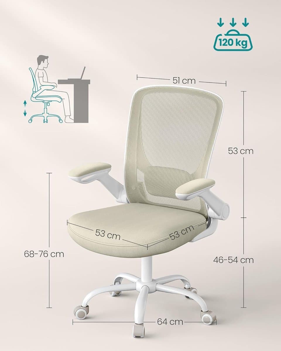 Ergonomische Bureaustoel Wit & Beige - Mesh Rugleuning - Opklapbare Armleuningen - Thuiswerkplek Stoel - Draaibaar & Verstelbaar - 120 kg thumbnail 3
