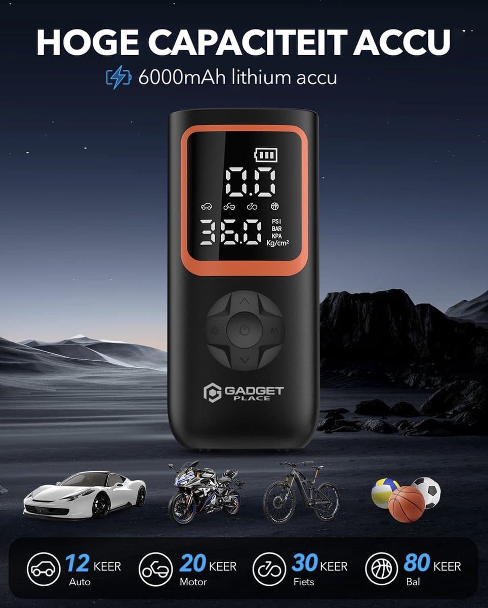 Gadgetplace Compressor Bandenpomp met 5 opzetstukken - Autobanden - 6000 mAh - Elektrische Fietspomp - Draagbare Luchtcompressor - Ballenpomp thumbnail 5