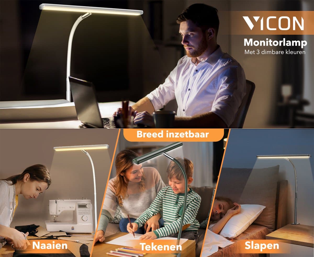 Vicon Bureaulamp LED Dimbaar - 3 Kleuren licht - Met Klem - Monitor lamp - Klemlamp - Leeslamp - Tafellamp - Bedlamp - Hobbylamp thumbnail 7
