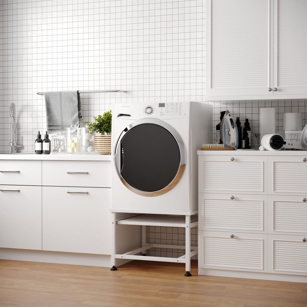 Wasophoogte® Wasmachine verhoger- Wasmachine opbouwmeubel XL - Wasmachine sokkel - 45cm hoog - Wit - Universeel - 63*63 (LxB) - Inclusief wandbeugels thumbnail 3