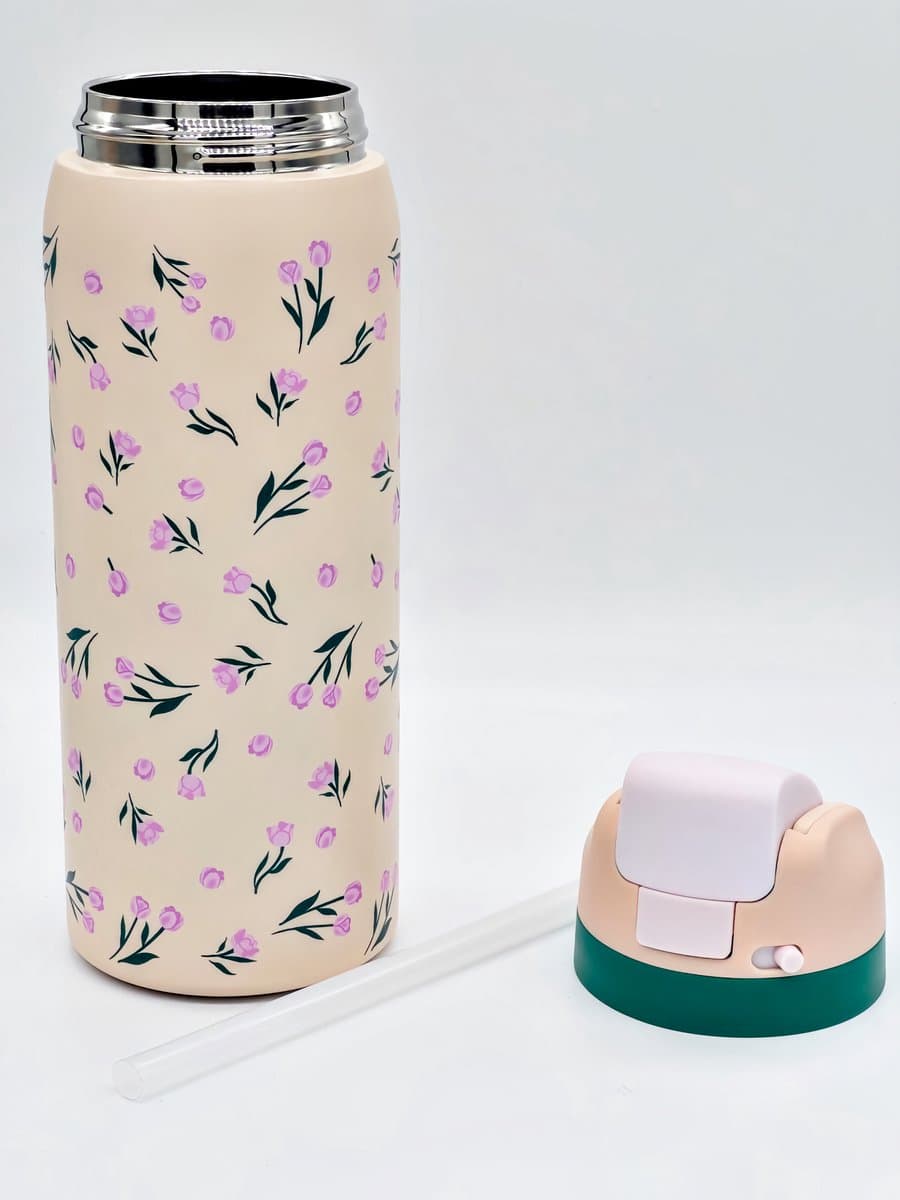 LYKKE® Freesip Thermos Beker 3 Laagse geïsoleerde RVS waterfles met rietje voor sport, reizen en school BPA-vrije Lek-vrije sportwaterfles, 34 oz, 1L, CLICK and LOCK Systeem -Salmon Apricot thumbnail 4