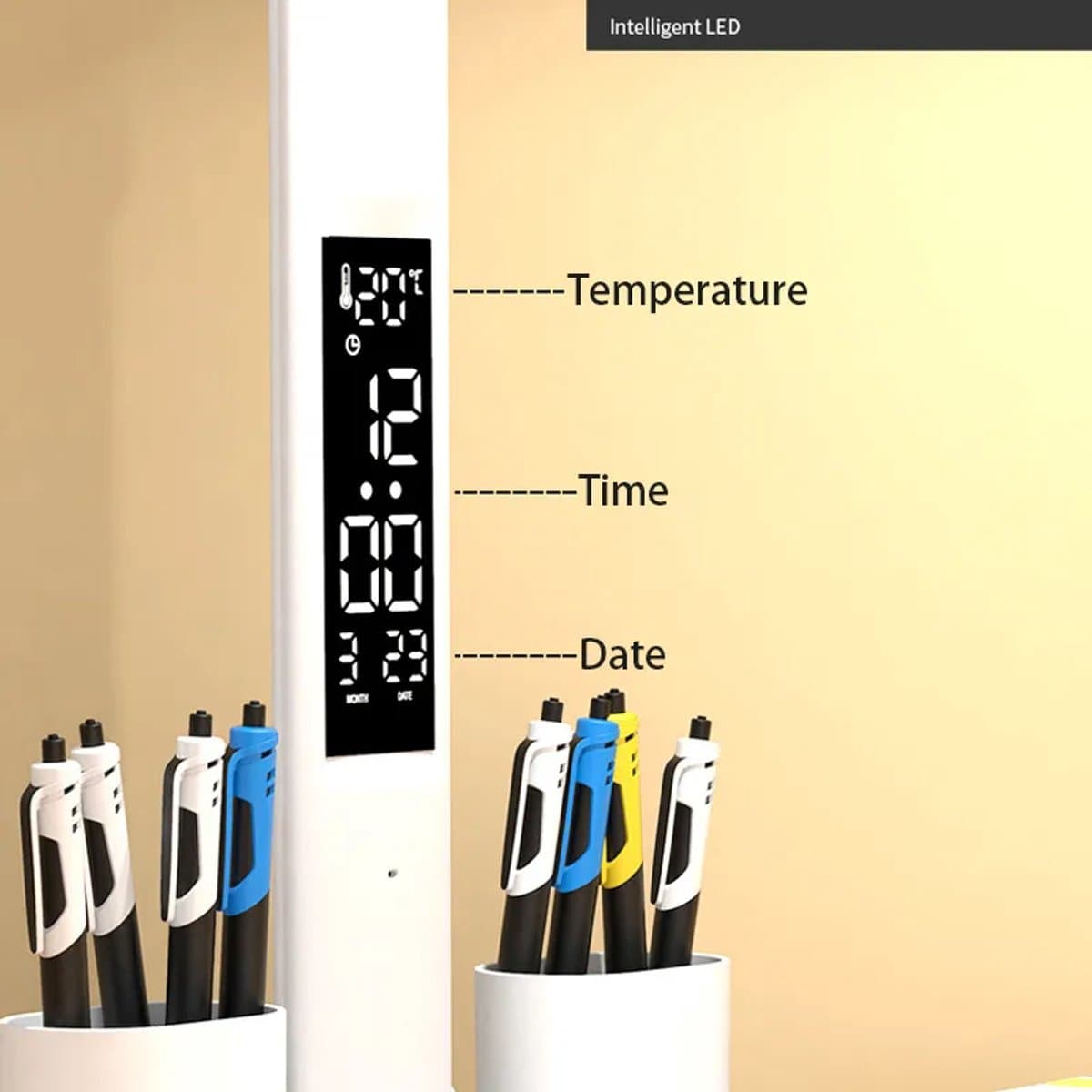 LED Bureaulamp met Dubbele Kop, Vouwbaar Touchscreen, Kalender & Klok, USB Aansluiting – Ideaal voor Bureau & Leeslamp thumbnail 4