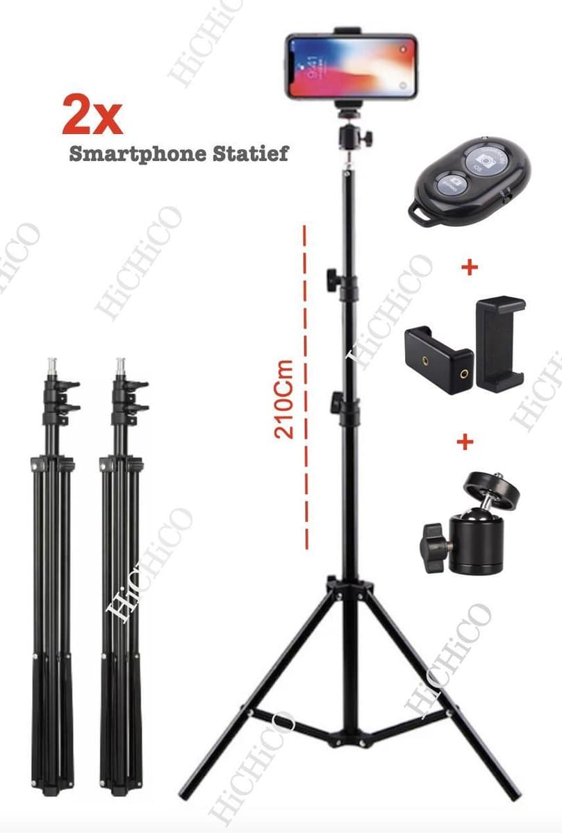 2x Camerastatief 210Cm Voor Fotocamera en Smartphone - iPhone - Canon - Nikon - Spiegelreflexcamera Inc. Bluetooth Remote Shutter, Telefoonhouder, 360 ° Draaigreep horizontaal - Smartphone Statief - Tripod HiCHiCO