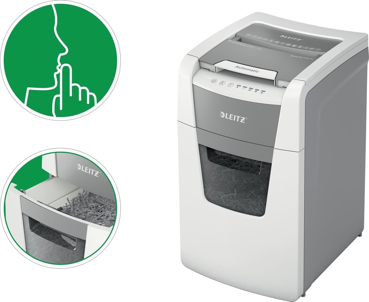 Leitz IQ Autofeed+ Office 150 Stille Papierversnipperaar - P4 Snippers - Tot 150 Vel - 44L - Wit thumbnail 5