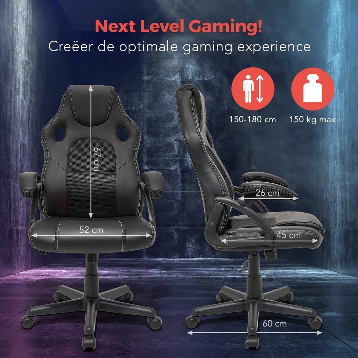 LifeGoods Gaming Stoel - Gamestoel - Verstelbaar in Hoogte - Comfortabele Gaming Chair - Kunstleer - Zwart thumbnail 2