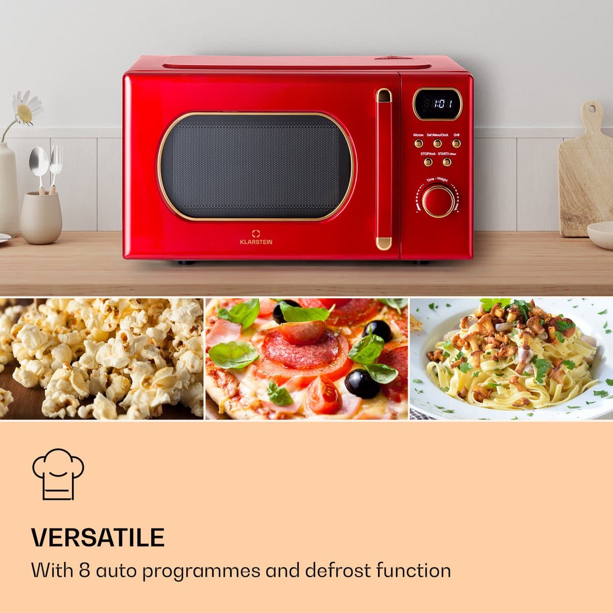 Klarstein magnetron met Grill, 800 Watt magnetron klein, 3 in 1Edelstahl magnetron rood, Kleine 20 Liter magnetron met ontdooi en Pizzafunktion, Drehteller, Platzsparend, Einfach zu Bedienen - voor Keuken - Bruin - Microwave thumbnail 4