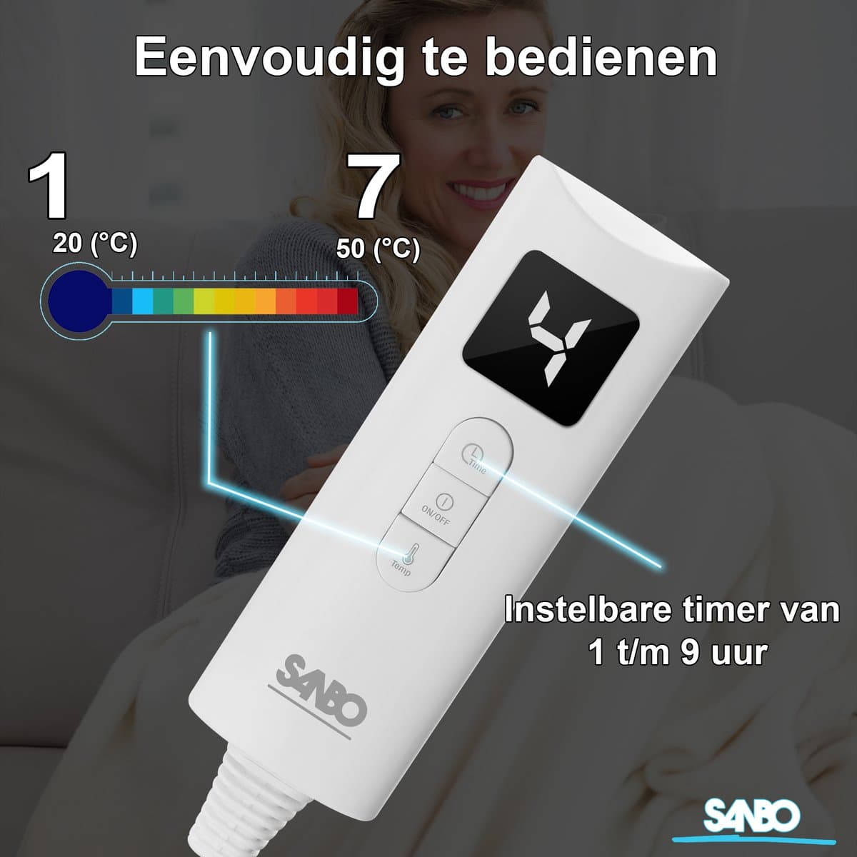 Sanbo Elektrische Deken - 2 Persoons - 150 x 160 cm - Wasmachinebestendig - Onderdeken - 7 Standen - Met Hoekelastieken thumbnail 2