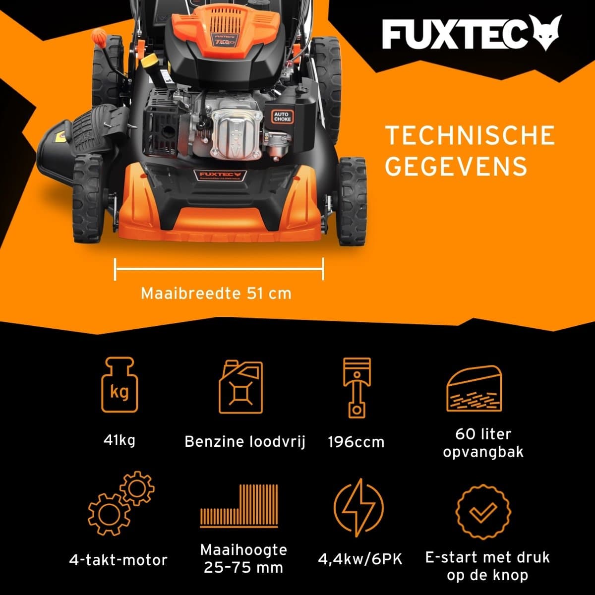 FUXTEC 4-in-1 Benzine Grasmaaier FX-RM5196eSPRO – Elektrische Start – 6 pk – 51 cm Maaibreedte – Flexibele Achterwielaandrijving – 4-Takt – Maaihoogte 25–75 mm – 60 L Grasopvangbak – Mulchfunctie thumbnail 8