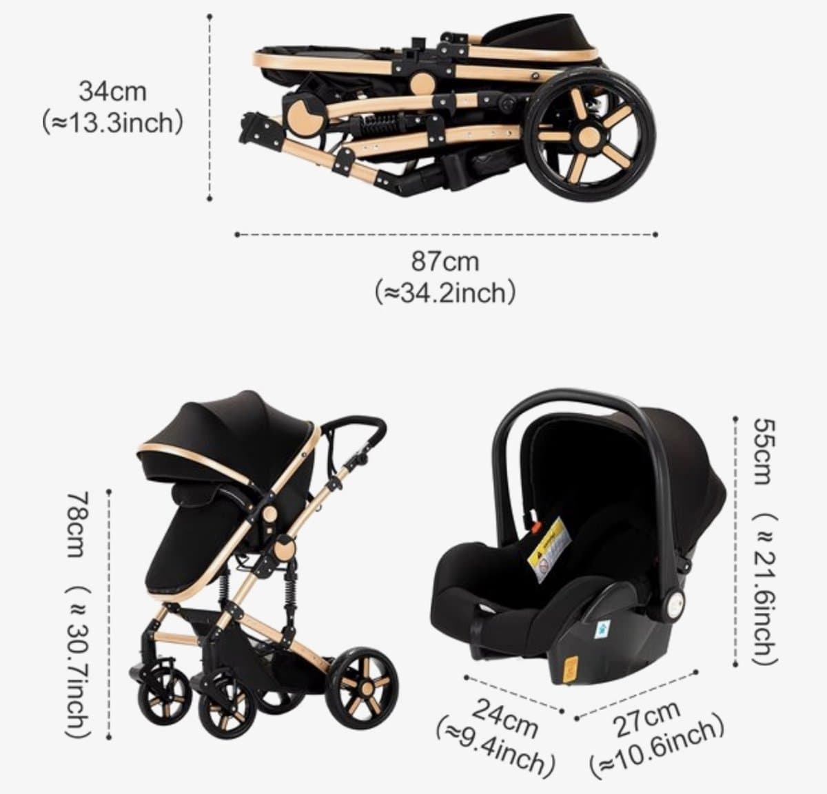 Luxe 3-in-1 Kinderwagen - Autostoeltje - Buggy - Reiswieg - Inklapbaar - 0-36 Maanden - Zwart/Goud thumbnail 6