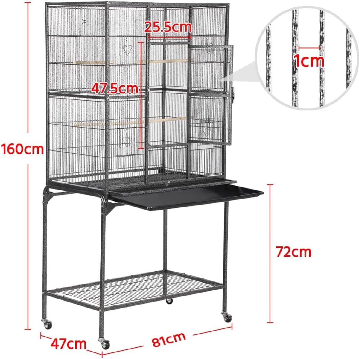 Vogelkooi Volière Parkiet Buiten Binnen Metaal op Wielen Afneembare Houder,met 4 wielen, 47 x 81 x 160 cm, HMTM-BC-10031-BLACK thumbnail 4