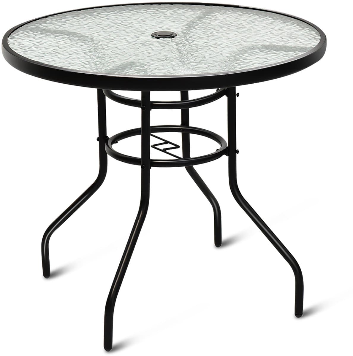 COSTWAY Tuintafel met parasolgat, 80 x 80 x 71 cm, terrastafel met tafelblad van gehard glas en metalen frame, ronde balkontafel, outdoor-eettafel voor terras, tuin, balkon