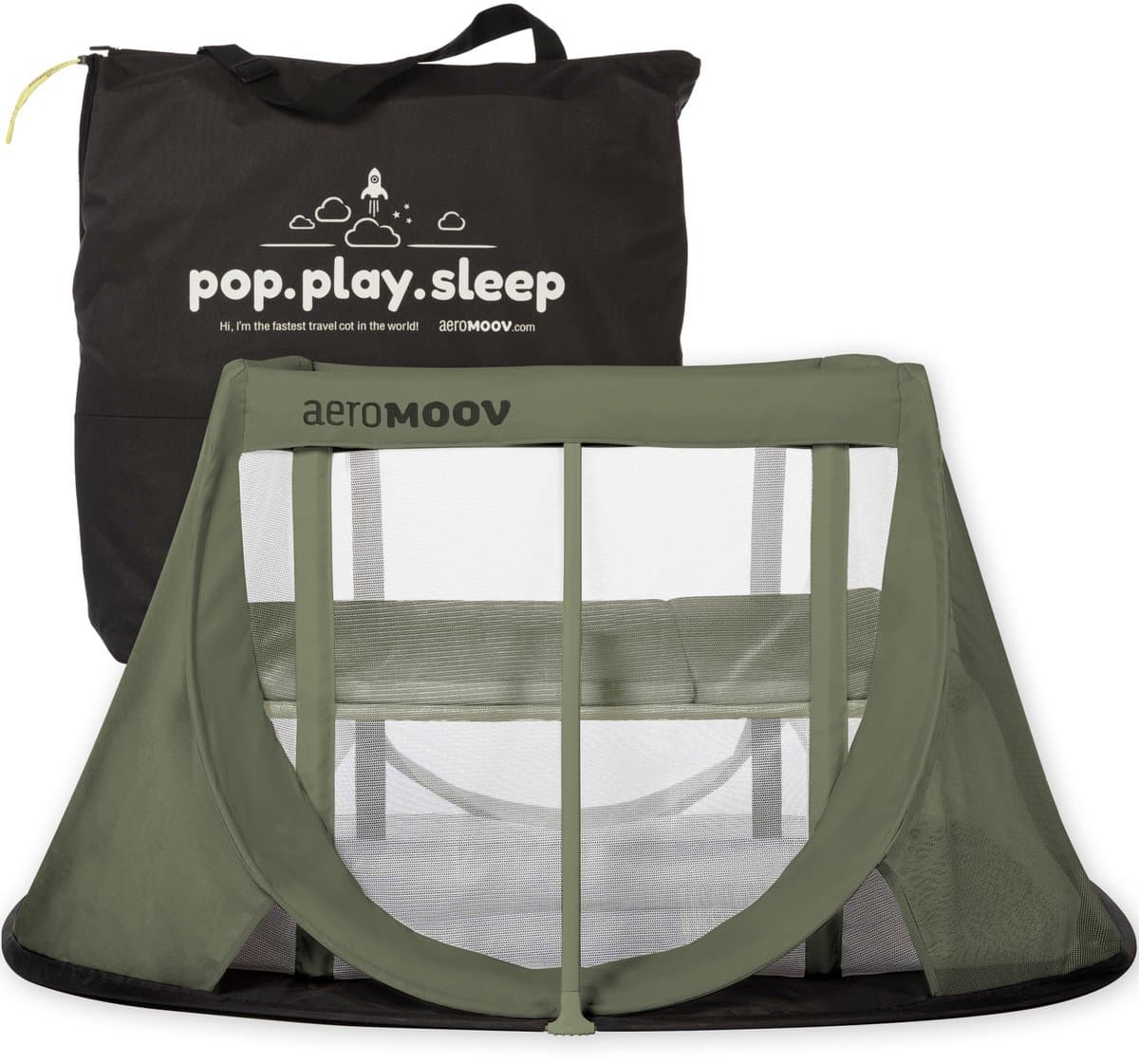 AeroMoov Campingbedje / Reisbedje met matras - voor baby én peuter - met bodemverhoger - Opgezet in 2s - Green Moss