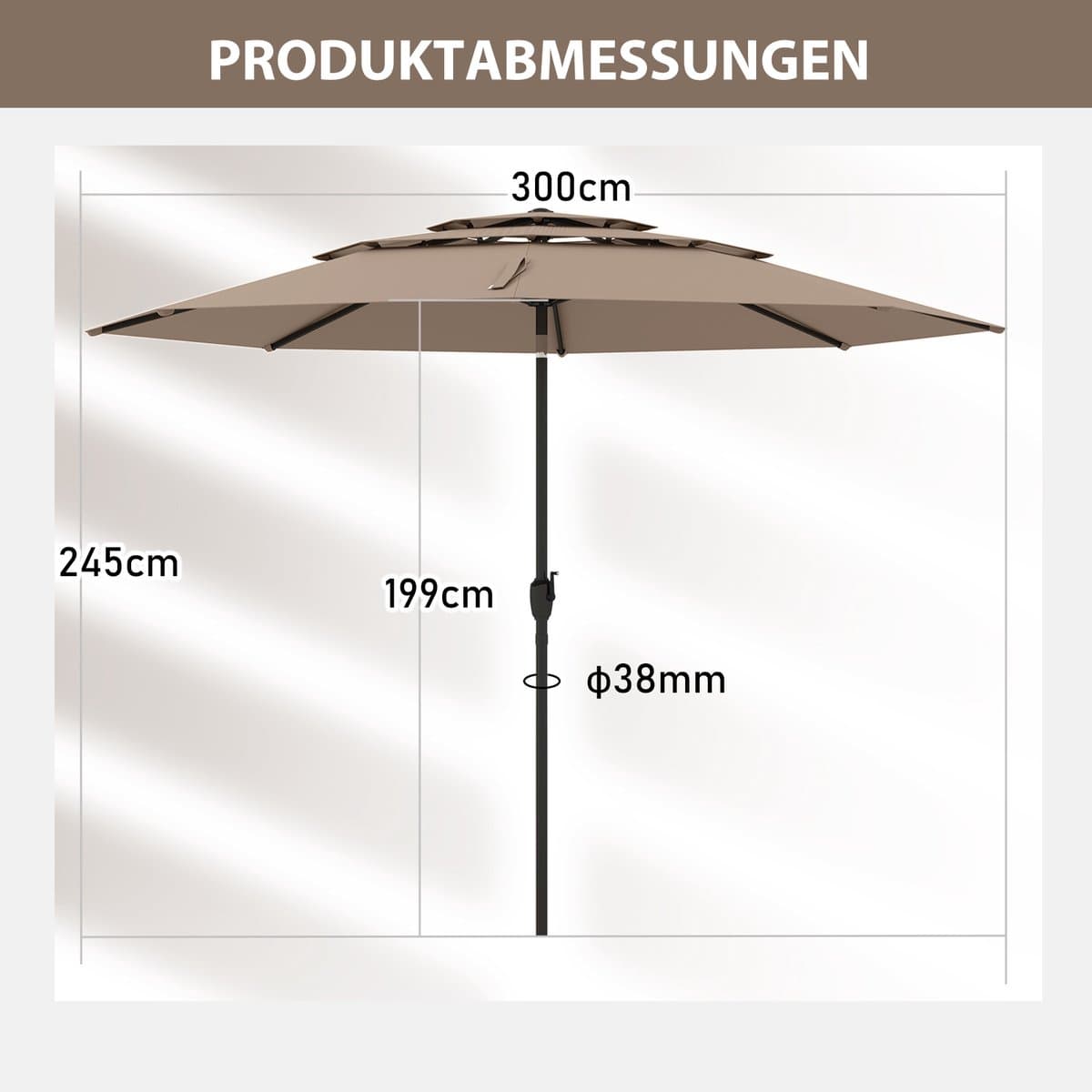 COSTWAY Parasol, windbestendig, stabiel, 300 cm tuinparasol met zwengel, aan beide zijden 45° knikbaar, uv-bescherming, zonwering, terrasparasol, geventileerd, marktscherm voor terras, tuin, balkon thumbnail 3