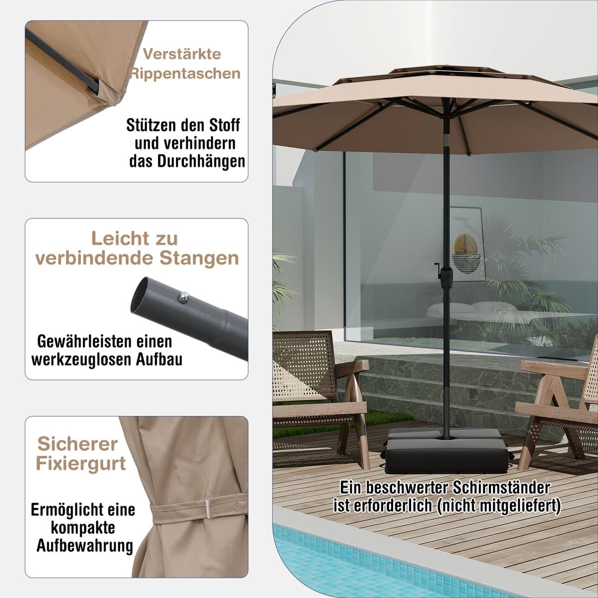 COSTWAY Parasol, windbestendig, stabiel, 300 cm tuinparasol met zwengel, aan beide zijden 45° knikbaar, uv-bescherming, zonwering, terrasparasol, geventileerd, marktscherm voor terras, tuin, balkon thumbnail 2