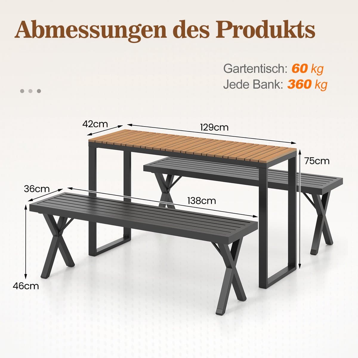 COSTWAY Tuintafel, weerbestendig, 129 x 42 cm, terrastafel met WPC-tafelblad en metalen frame, rechthoekige balkontafel, outdoor-eettafel voor balkon, terras, tuin thumbnail 6