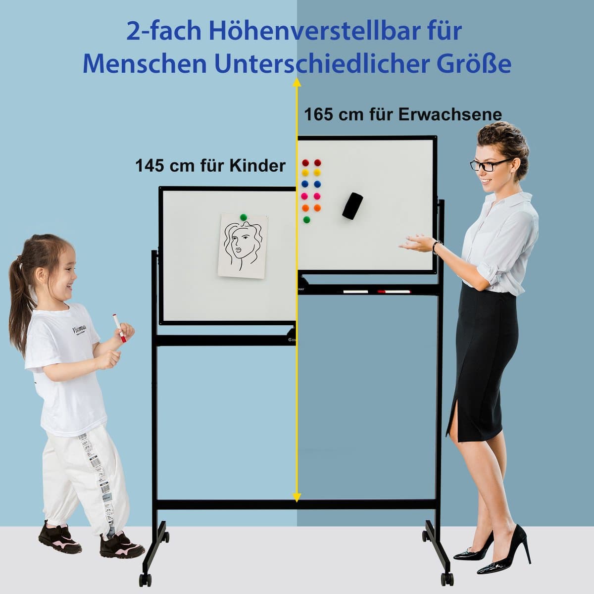 COSTWAY Mobiel whiteboard, 120 x 60 cm, dubbelzijdig magnetisch whiteboard met standaard en wielen, droog afwasbaar, verstelbaar whiteboard incl. accessoires voor thuis, kantoor en school, zwart thumbnail 2