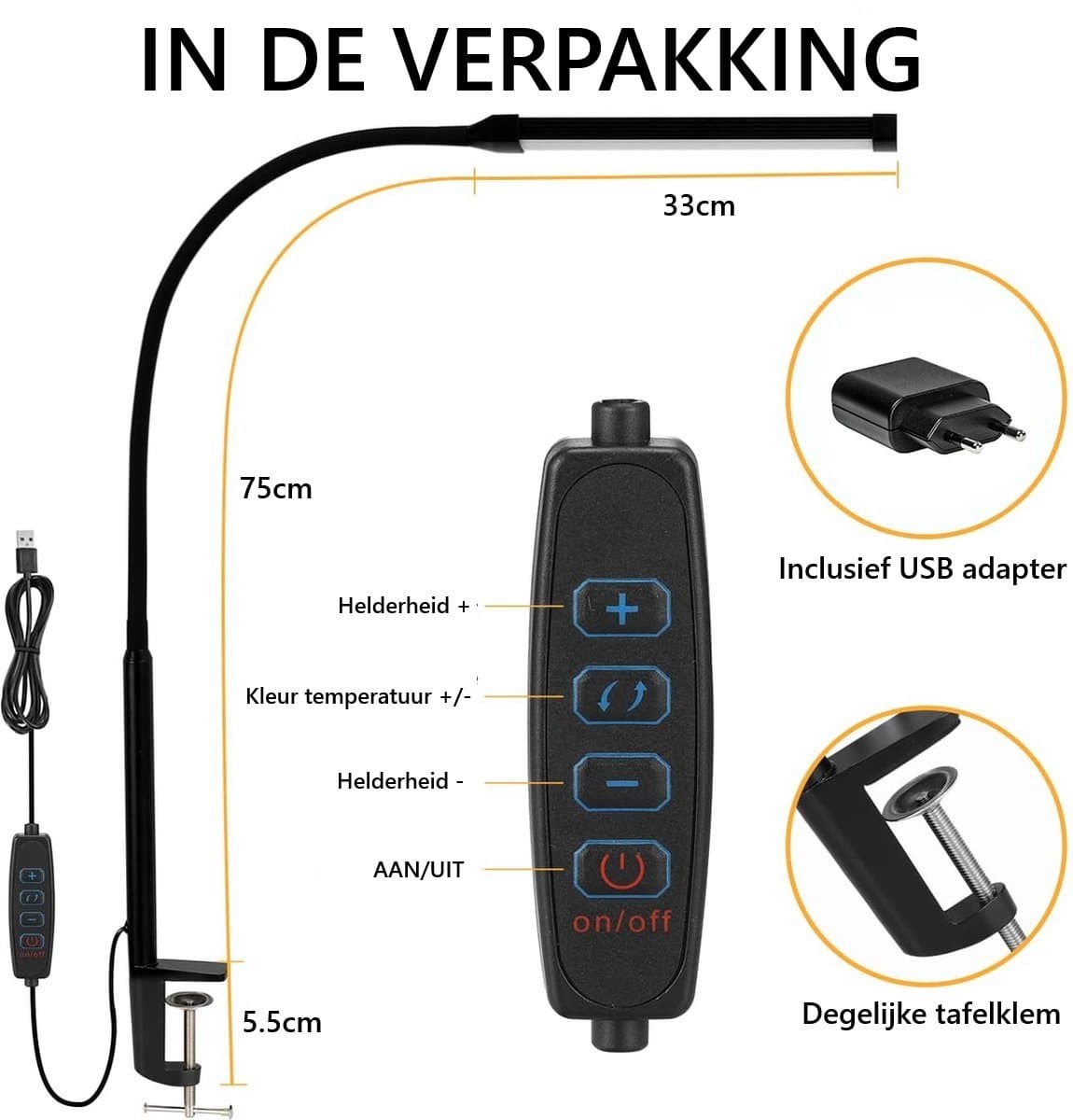 Lampen District® - LED Bureaulamp met klem - Oogbeschermende LED Lamp - Flexibele Werklamp - 3 Lichtstanden & 10 Helderheidsniveaus thumbnail 5