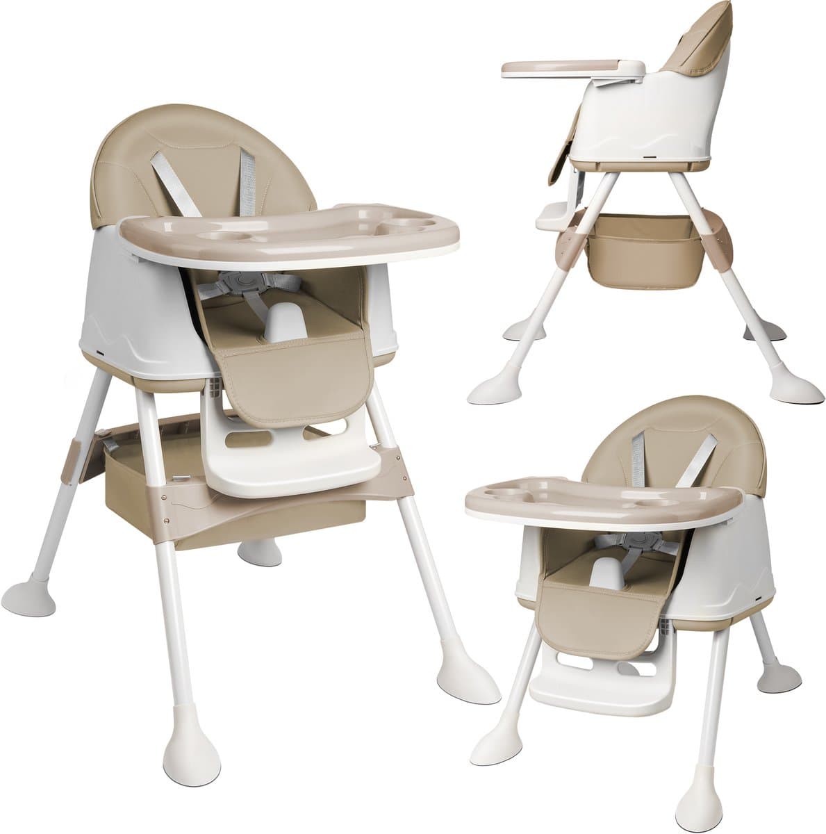 NAIZY Kinderstoel Babystoel 3-in-1 Multifunctionele Eetkamerstoel met 5-punts veiligheidsgordel, Dubbel Blad en Afneembaar Kussen, Beige