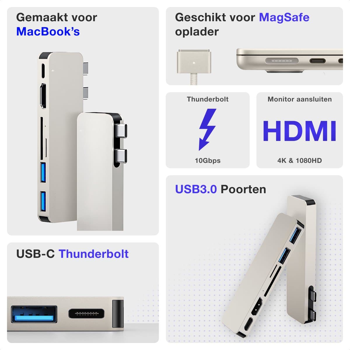iMounts MacBook Air usb-c hub - HDMI - USB3.0 - SD reader - M2/M3/M4/M5 - Starlight / Sterrenlicht thumbnail 2