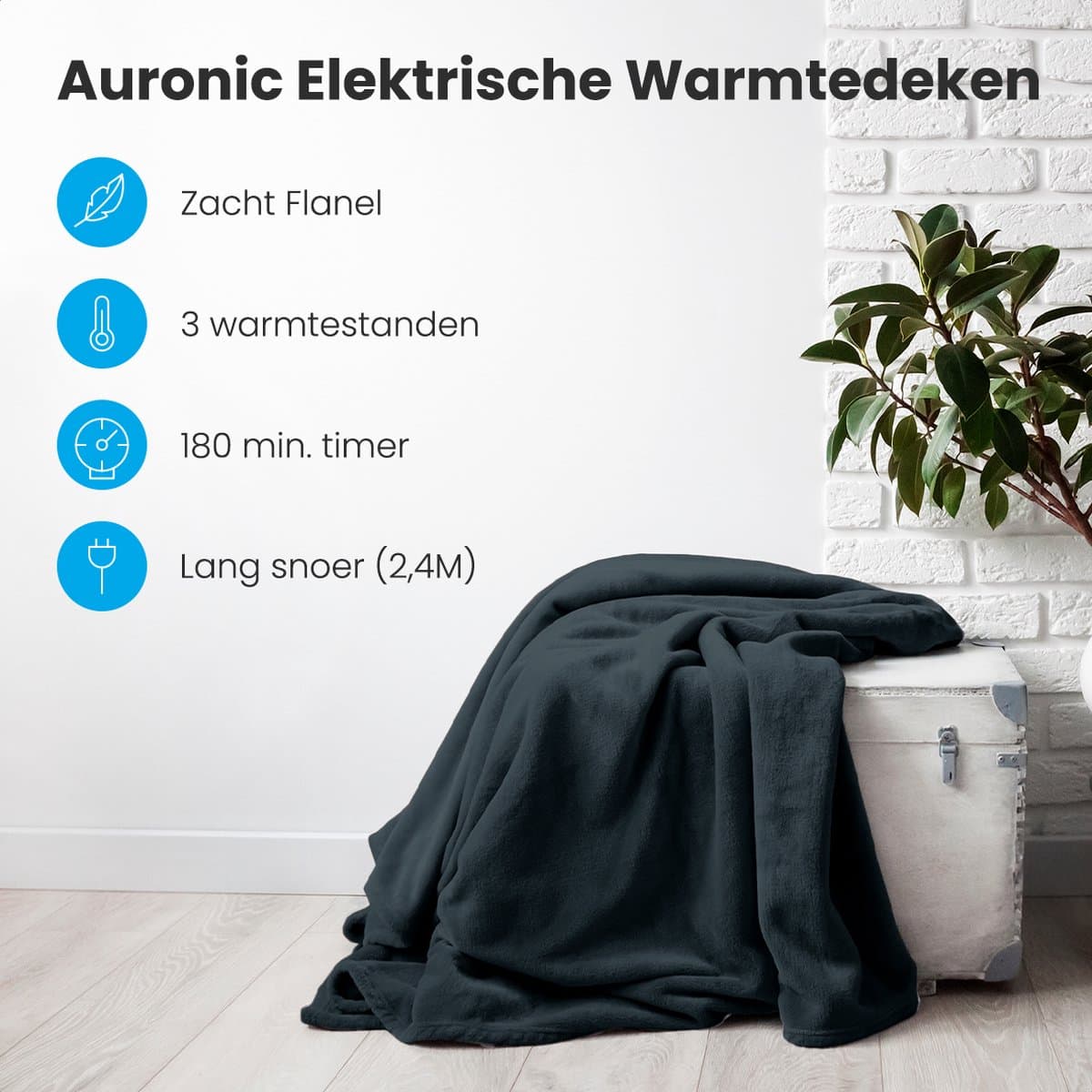 Auronic Elektrische Deken - 200 x 180 cm - 2 Persoons Warmtedeken - 3 Warmtestanden met Timer - Verwarmingsdeken - Antraciet thumbnail 2