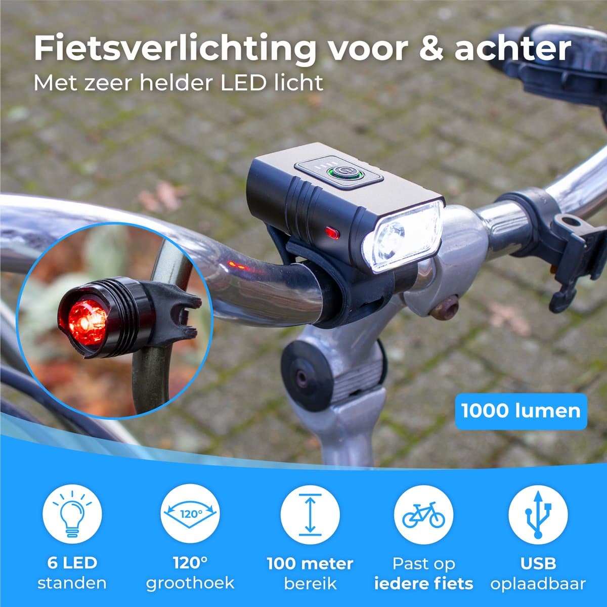 Nuvance Fietsverlichting - Fietslamp - 6 Standen - 1000 Lumen - Fietslampje - Voorlicht - Achterlicht - USB oplaadbaar thumbnail 6