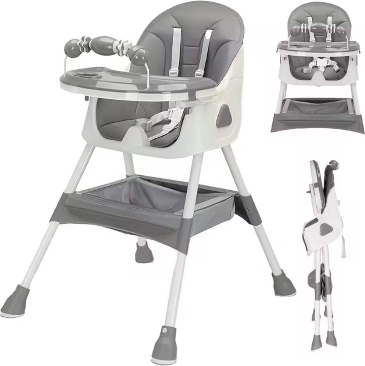 Kinderstoel - Babystoel - Baby stoel - Baby eetstoel - babystoel voor aan tafel - Opvouwbaar - Verstelbaar - Met speelboog - Grijs