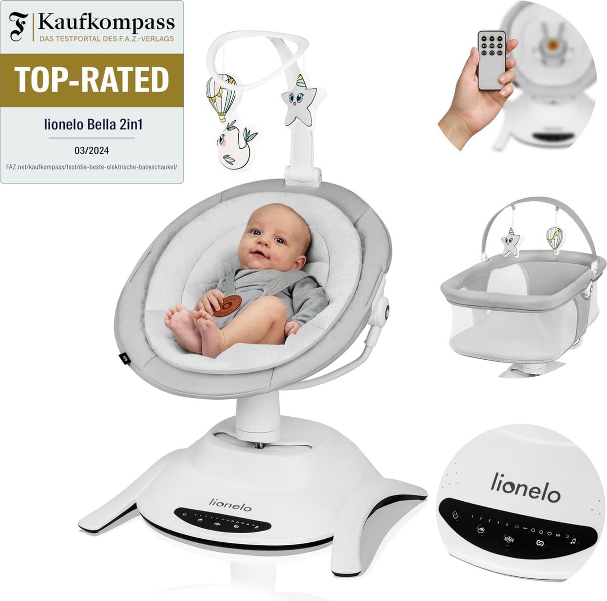 Lionelo Bella Set 2in1 – Wipstoel & Reiswieg – 360° Draaibare Zitting – Elektrische 6 Schommelstanden – 5 Snelheden – Rugleuning 3 Posities – Bewegingssensor – Nachtmodus – 12 Melodieën – Bamboe Kussen – Afstandsbediening – Wasbare Hoezen – Tot 9 kg thumbnail 7