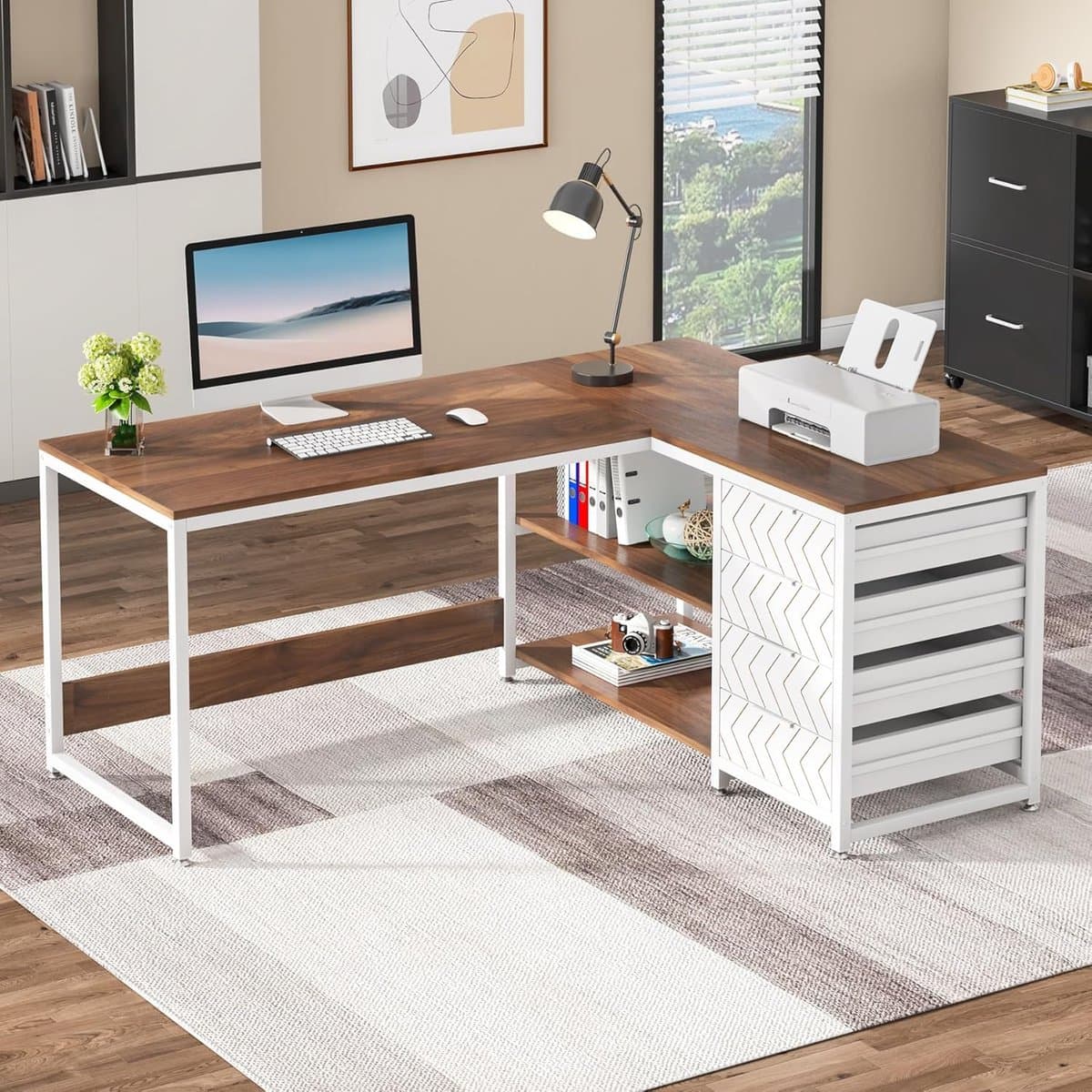 Tribesigns Bureau - L-Vormig Game Bureau met 4 Laden - 150 x 110 x 75cm - Bureau met Legplanken - Gaming Desk - Computer Tafel - Gaming Tafel - Bureau voor Gamen, Studeren en Werken - Wit / Okkernoot thumbnail 4