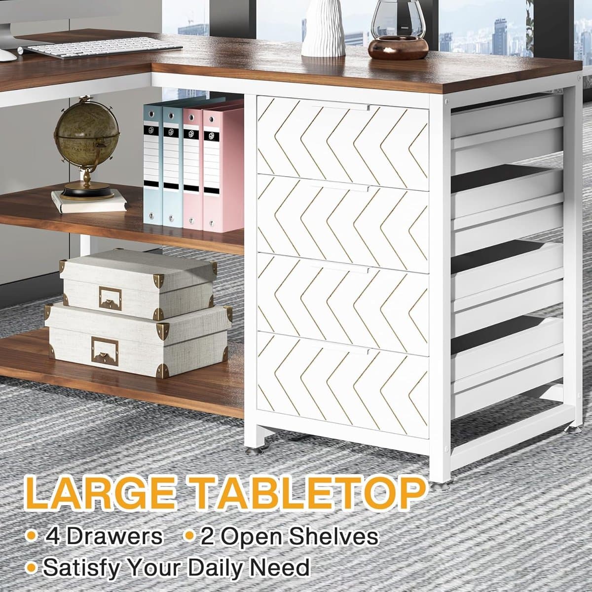 Tribesigns Bureau - L-Vormig Game Bureau met 4 Laden - 150 x 110 x 75cm - Bureau met Legplanken - Gaming Desk - Computer Tafel - Gaming Tafel - Bureau voor Gamen, Studeren en Werken - Wit / Okkernoot thumbnail 6